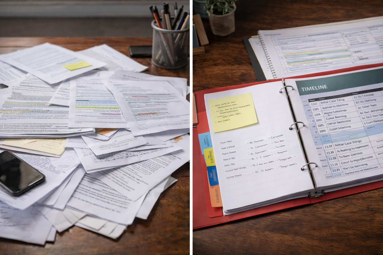 Scattered legal documents on desk next to organized binder with timeline and labeled sections