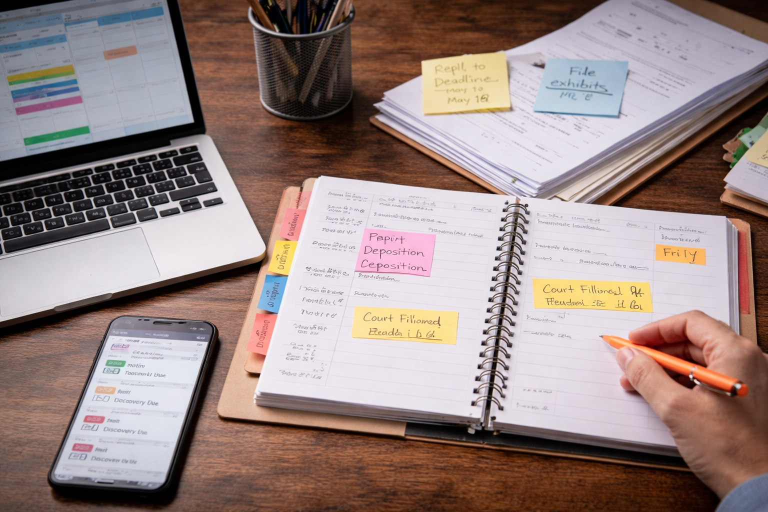 Organized planner with court deadlines, laptop calendar, phone reminders, and structured legal documents on desk