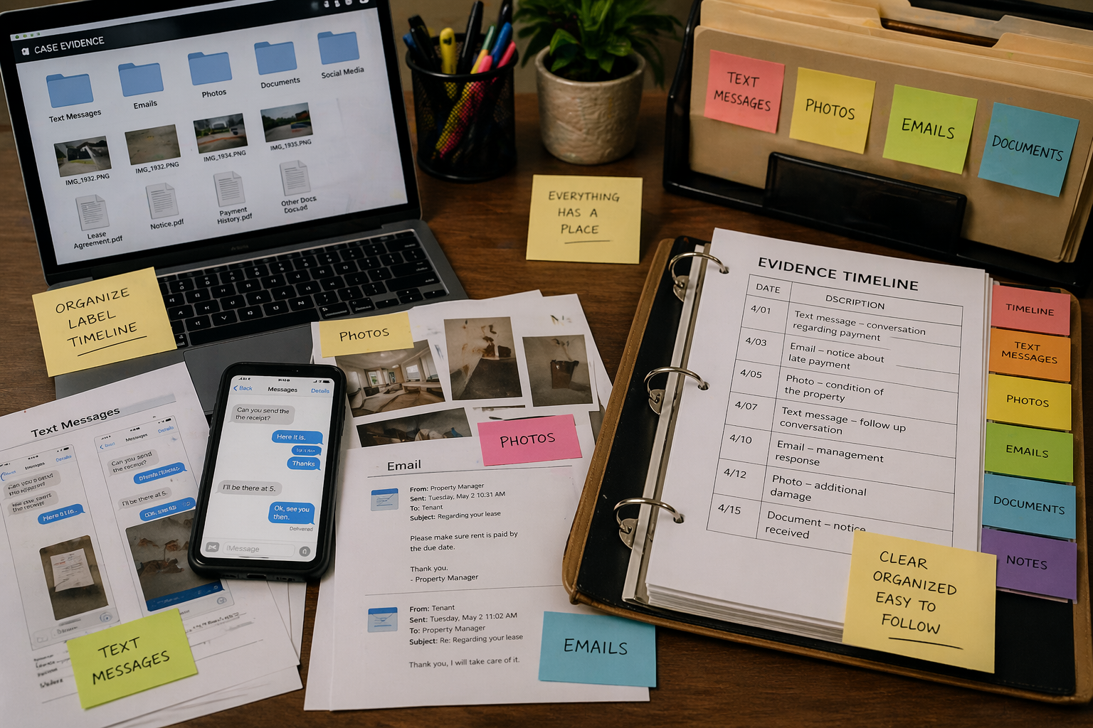 Organized case evidence with labeled text messages, photos, emails, and timeline binder on desk