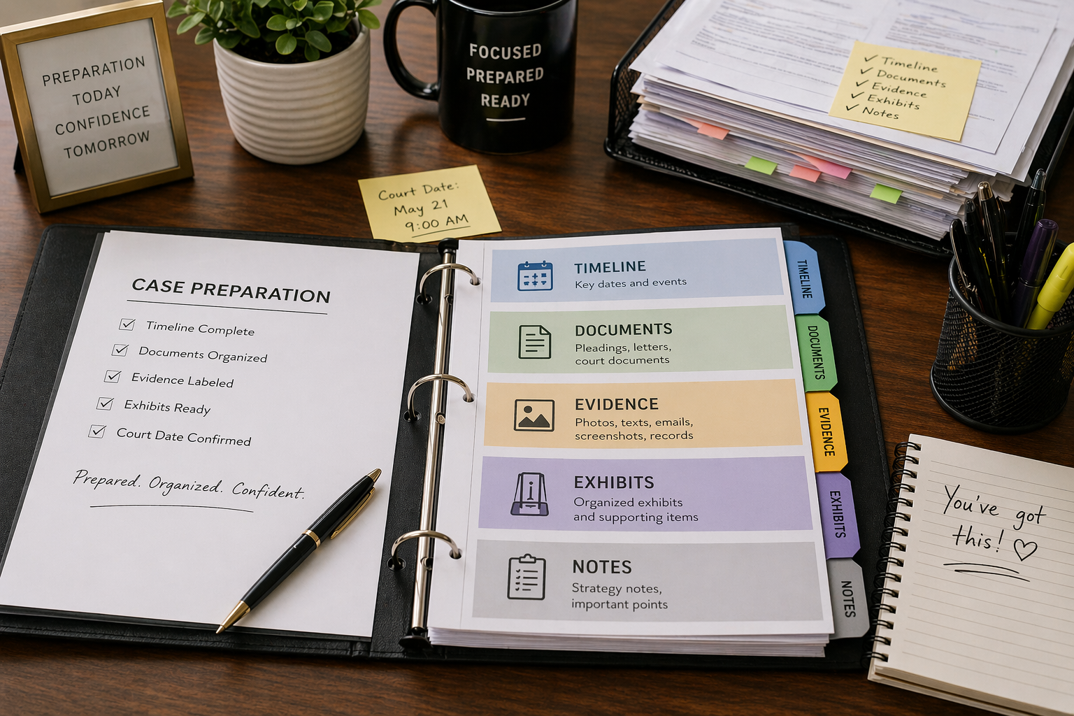 Organized legal binder with labeled tabs for timeline, documents, evidence, and exhibits on desk